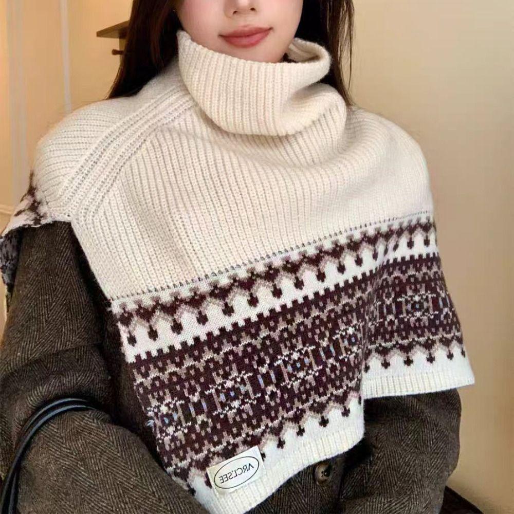 Pullover Fair Isle Style Knitted Shawl Thicken Neck Wraps Simple Jacquard Scarf  Women