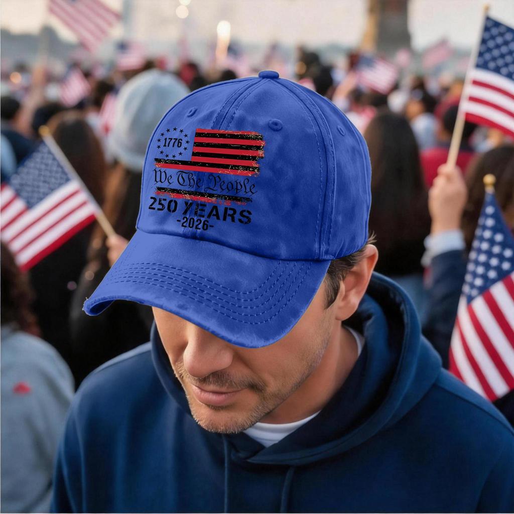 Adjustable Vintage Baseball Cap with Embroidered 1776 We The People 250 Years 2026 Flag Print Distressed Style Hat for Adults