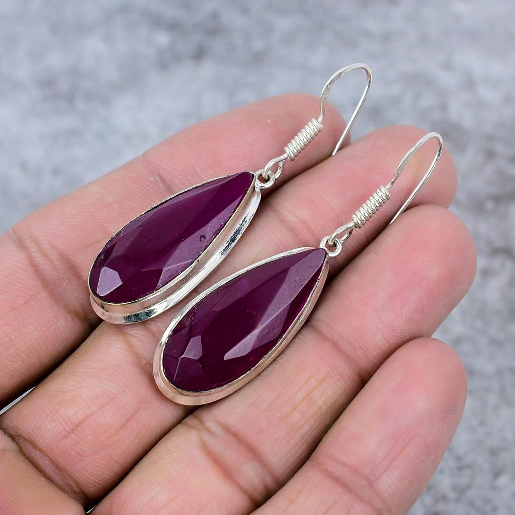 Red Jade Gemstone Handmade 925 Sterling Silver Jewelry Earring 2.36" M-356