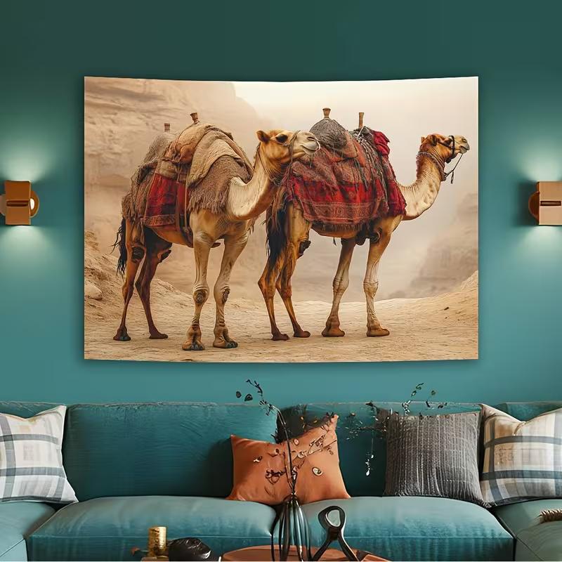 2D Desert Kamel Wandteppich, Realistisches Arabisches Dromedar Wandbehang für Wohnzimmer Schlafzimmer Boho Dekor