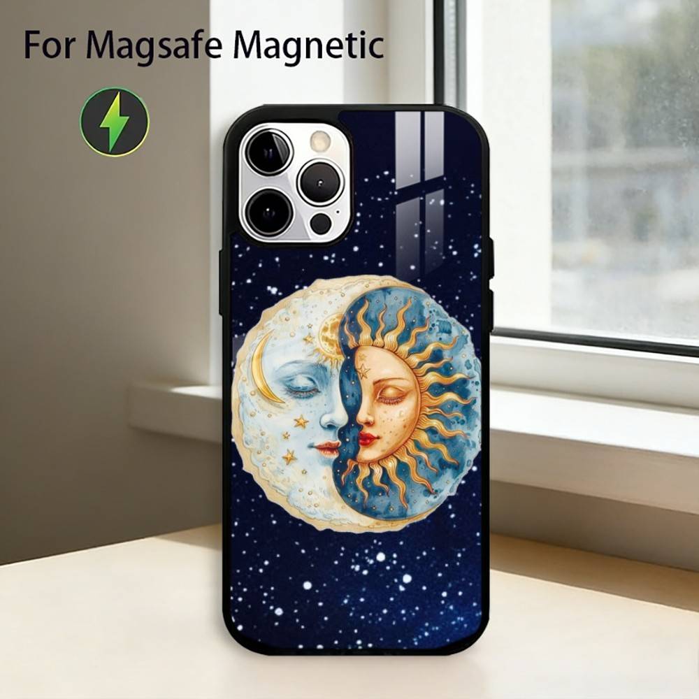 Funny S-Sun Moon Face Phone Case For iPhone17,16,15,14,13,12,11 Plus,Pro Magnetic with Magsafe Wireless Charging