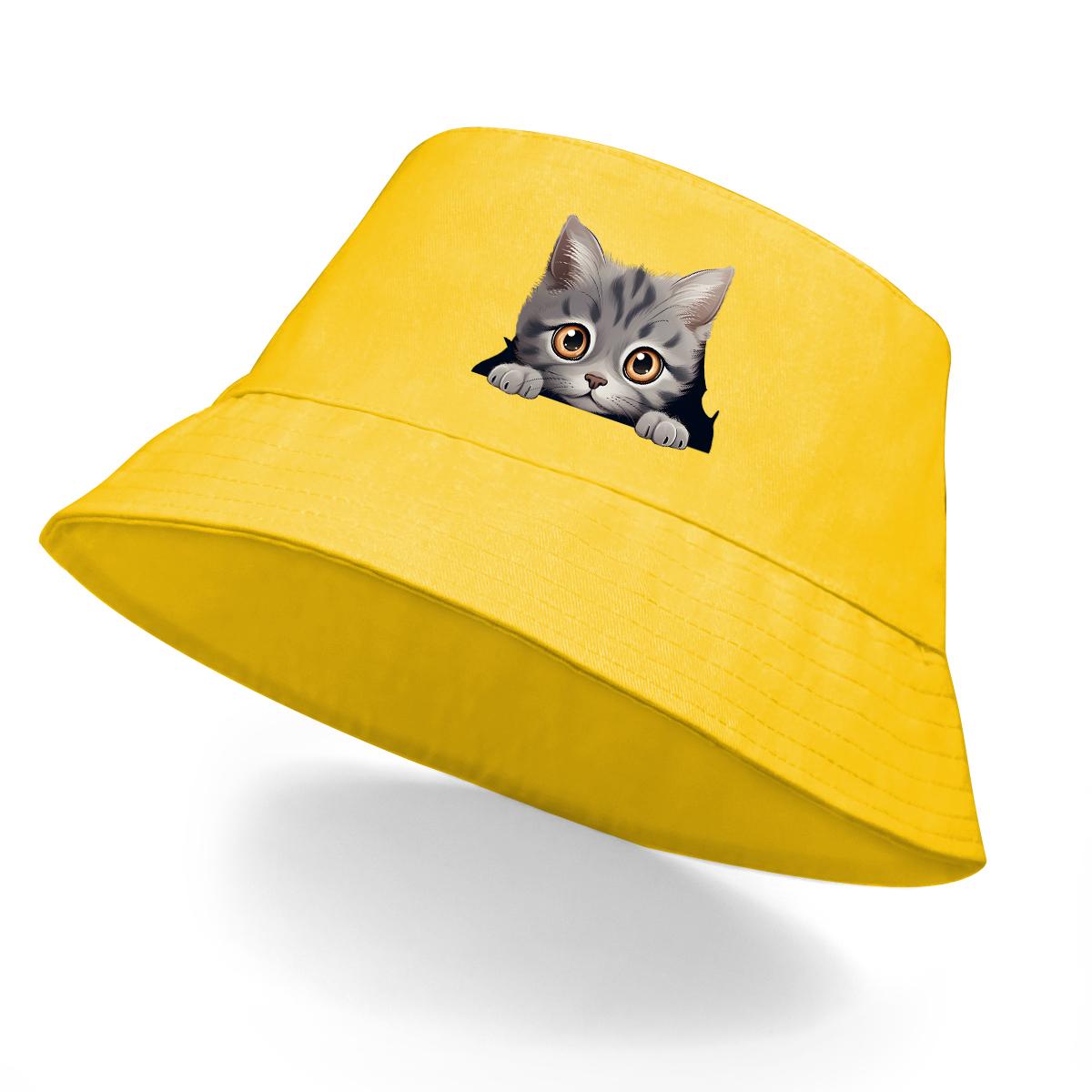 

Панама с мультяшным принтом котенка, модная шляпа рыбака, весенняя защита от солнца, пляжная кепка as the picture жёлтый