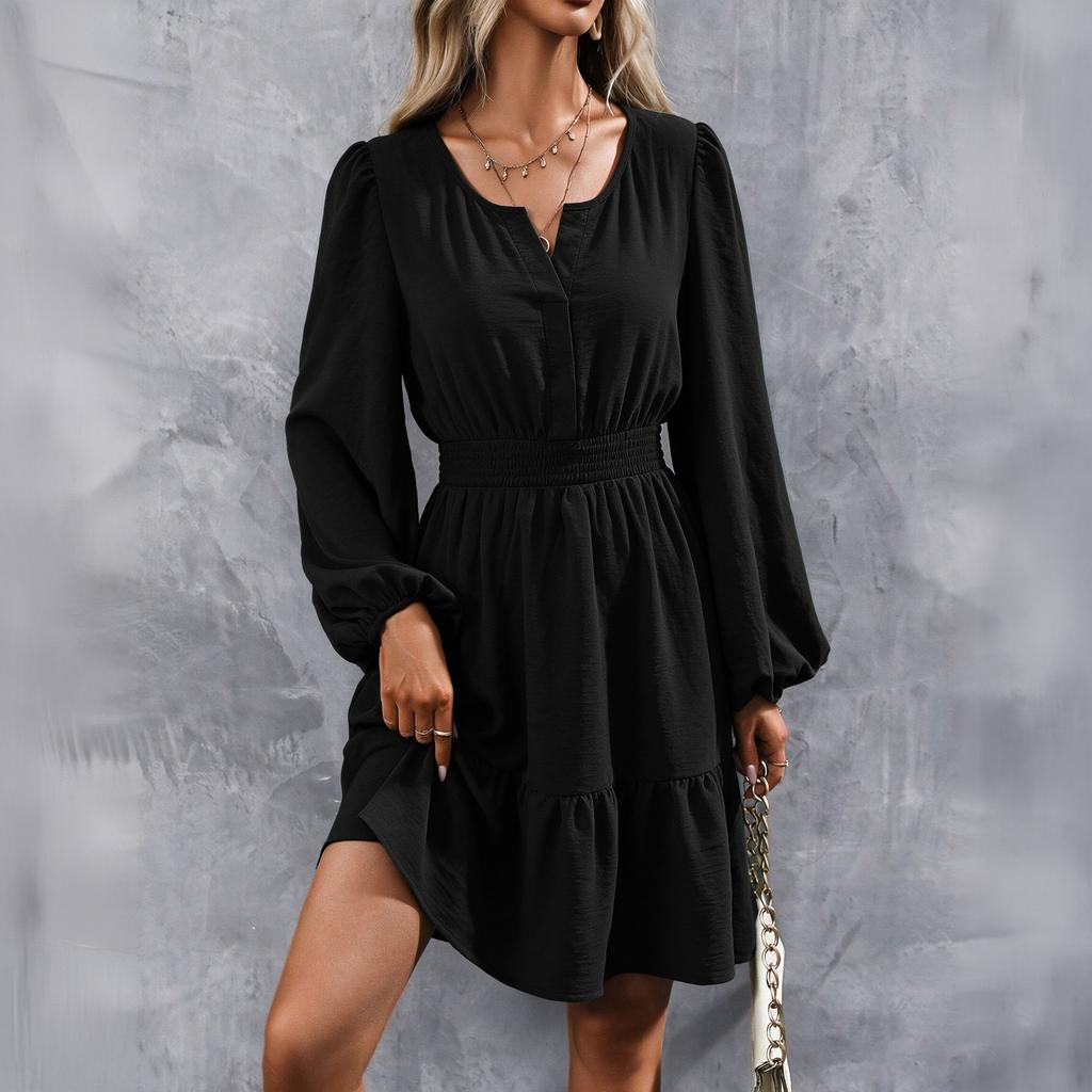 Women's Sleeve Smocked Waist A-Line Dress with Ruffle Hem for Casual Everyday Wear