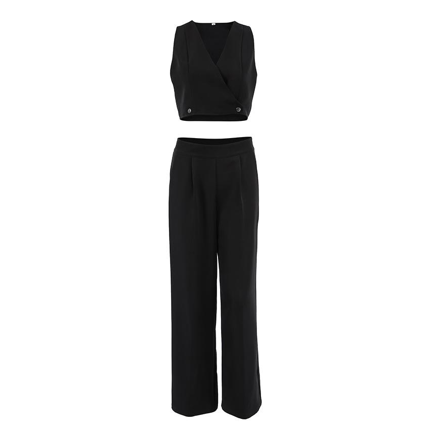 Summer fashion design sense sleeveless V-neck open-button short vest high waist wide-footed pants temperament casual khaki suit women