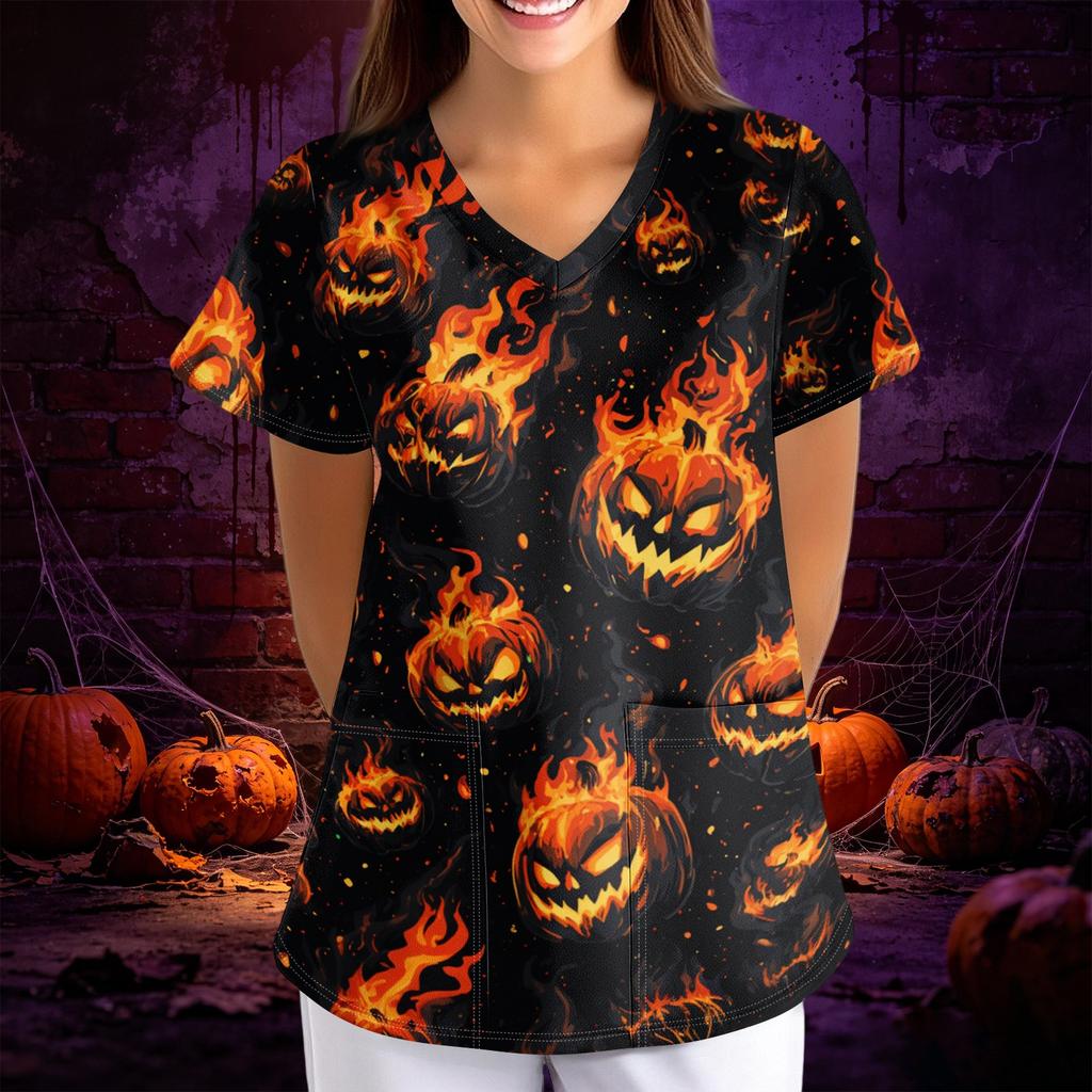 Women Halloween Print Loose Fit V Neck Short Sleeve Medical Scrub Top with Pockets Casual Workwear Uniform for Healthcare Professionals