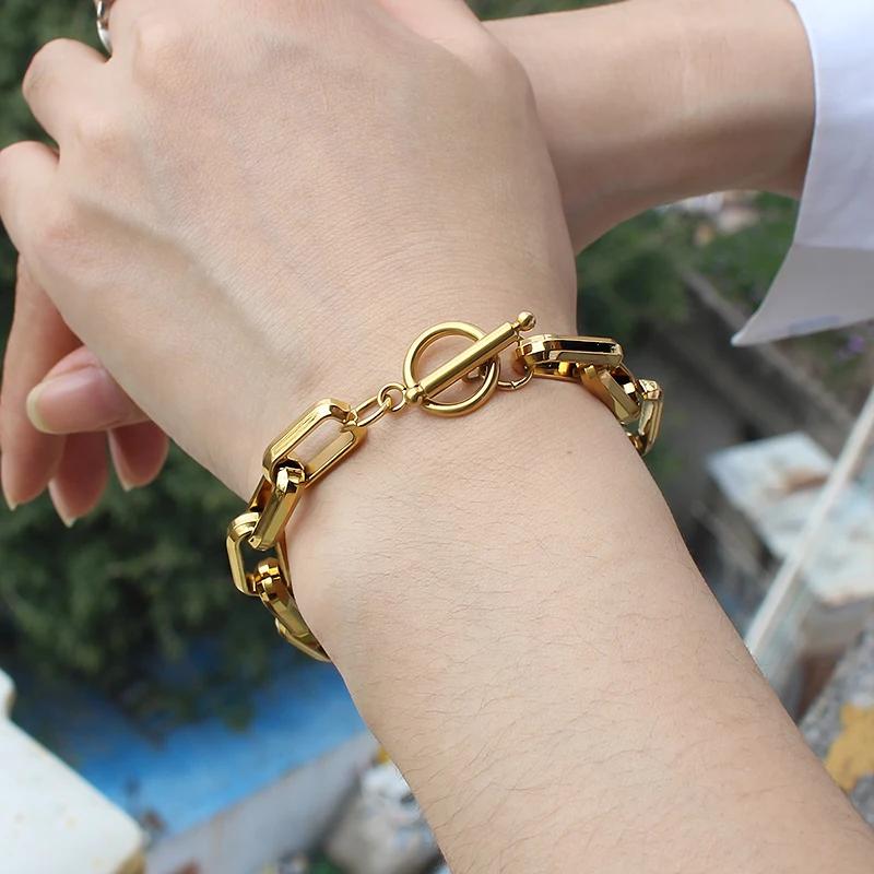 Unisex Stainless steel Oval Round Corner Link Chain T Toggle Clasp Bracelets for Women Men Hip Hop Punk Style Hand Jewelry