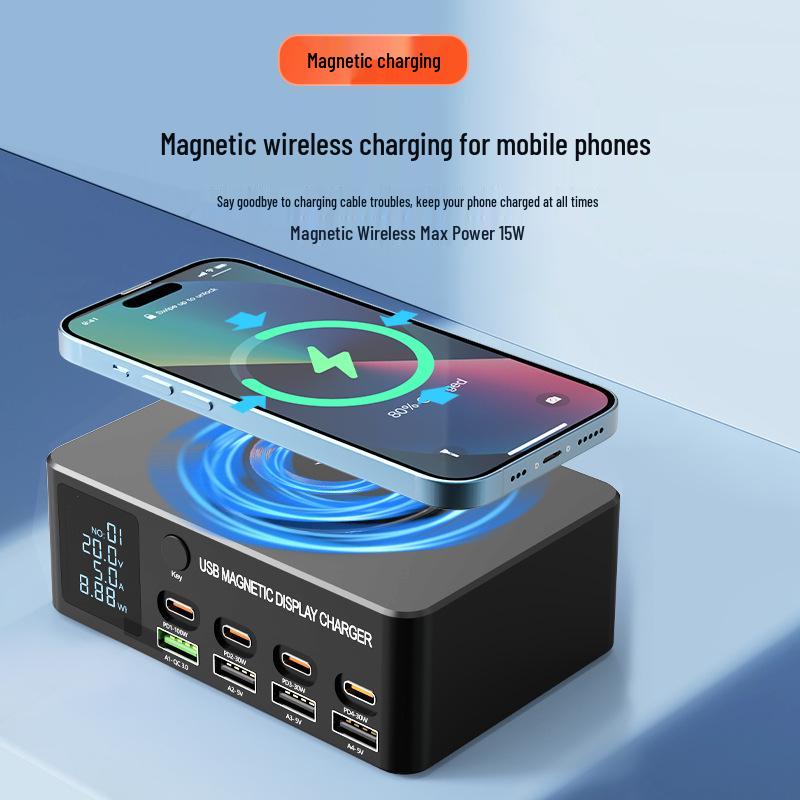 140W Multi-Port Desktop Charger with PD100W Fast Charging, Digital Display & Magnetic Wireless Charging for Phones and Laptops.