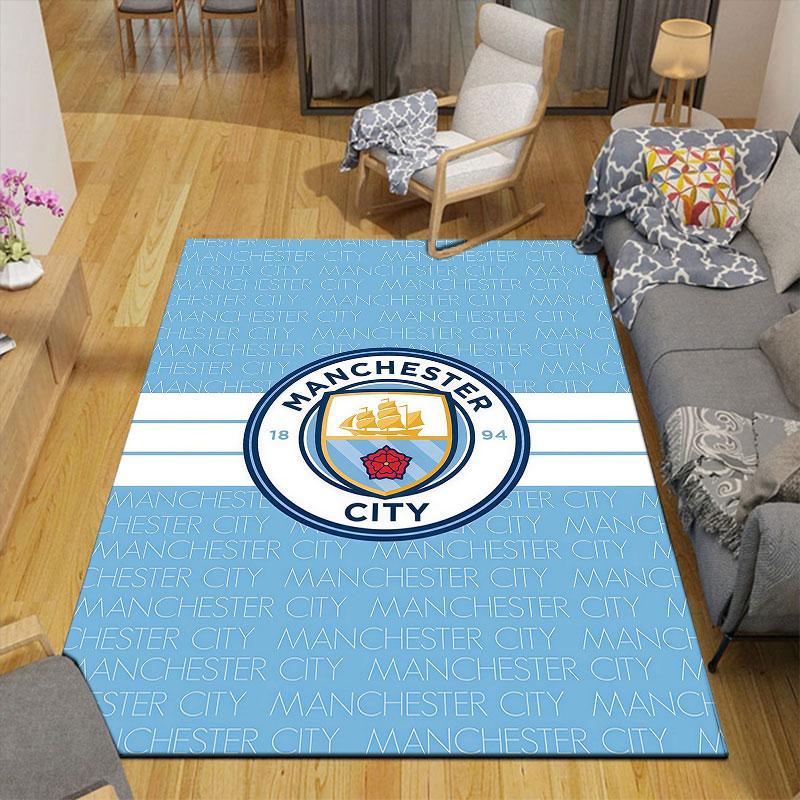 Man City Flannel Printed Carpet, Home Sofa Decoration for Living Room & Bedroom, Non‑Slip Play Flannel Floor Mat for Game Room