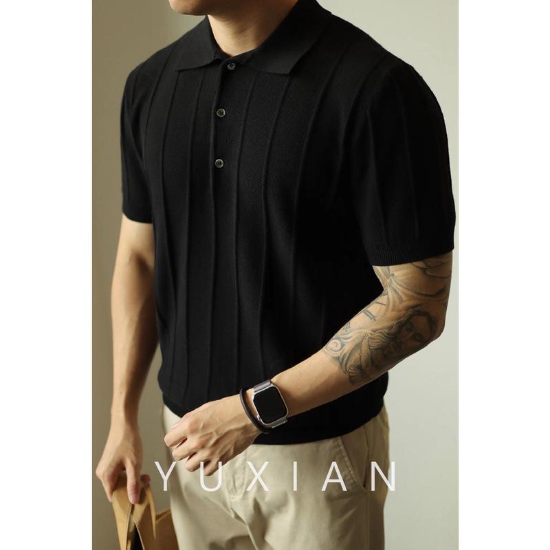 

Тяжелое ретро жаккардовое вязаное поло - Мужская футболка с коротким рукавом однотонная для весны/лета XL чёрный