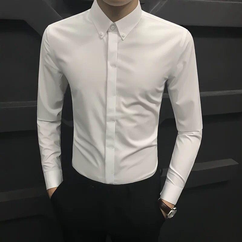 Spring and Autumn Korean Edition Polo Collar Panel Button Business Casual Slim Fit Non Ironing Men's Hidden Button Shirt