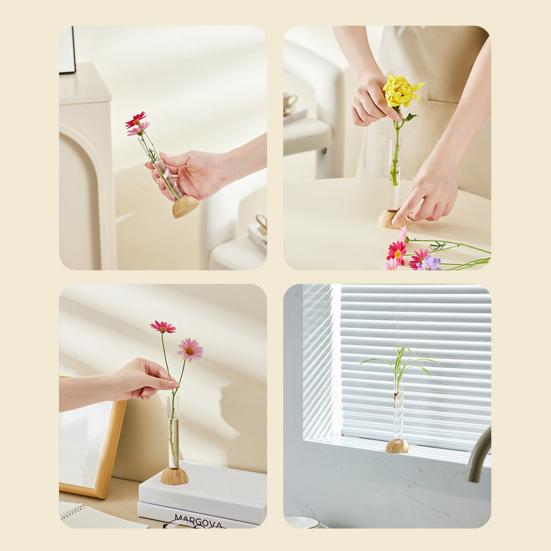 Glass Tube Vase with Wood Base Minimalist Flower Vase Single Stem Flower Vase for Flower Cuttings Home Table Centerpiece Office Desk