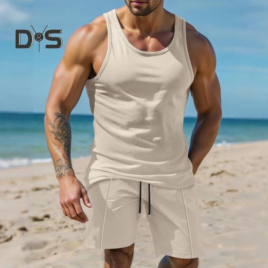 2Pcs/Set Men Sportswear Waffle Fabric Solid Color O-Neck Sleeveless Vest Elastic Waist Wide Leg Shorts Suit Casual Wear