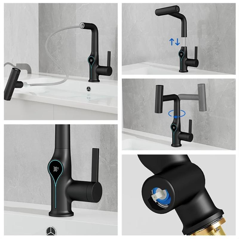 A25F-For Bathroom Waterfall Faucet Basin Digital Temperature Display Lift Up Down Stream Hot Cold Water Sink Mixer Tap