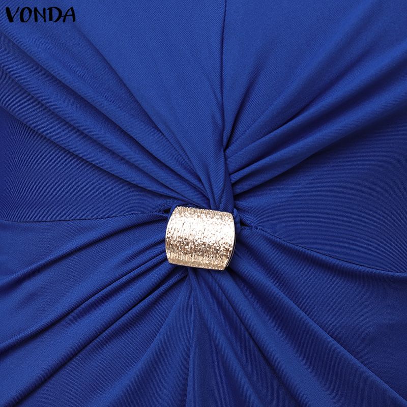 VONDA Women V Neck Long Sleeve Twisted Waist Solid Color High Splits Party Long Dress