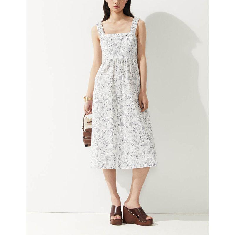 Summer New Product Women's Clothes Cotton Pleated Floral Square Collar Flared Mid-Length Sling Dress 1287798
