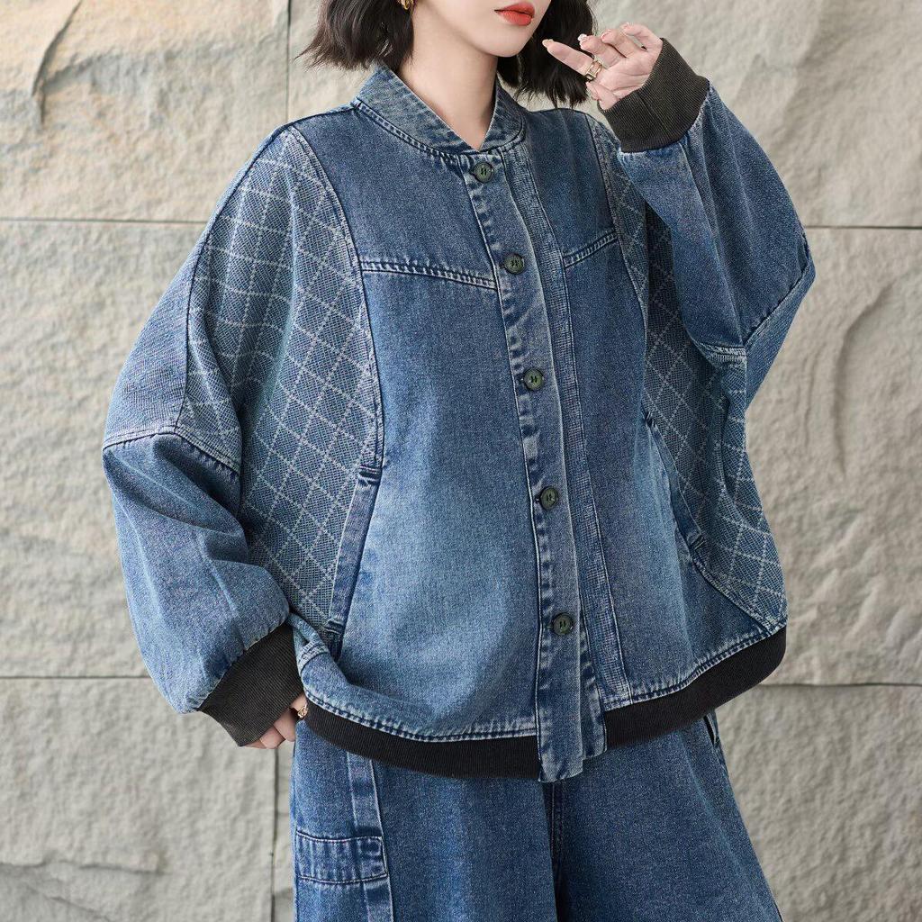 Artistic Loose-Fit Denim Jacket - Spring 2026 New Arrival, Stand Collar, Patchwork, Long Sleeve, Plus Size Fashion Top