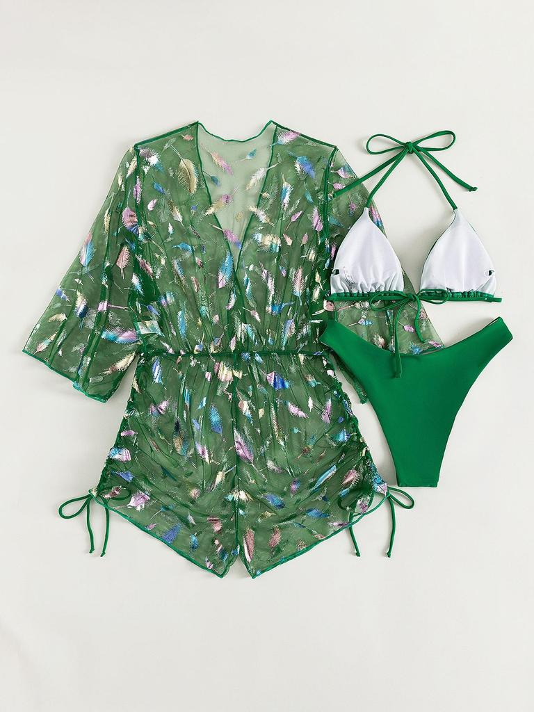 European & American Bikini Three-Piece Set: Mesh Sun Protection Cover-up with Nine-Sleeve & Sexy Bikini (2026)