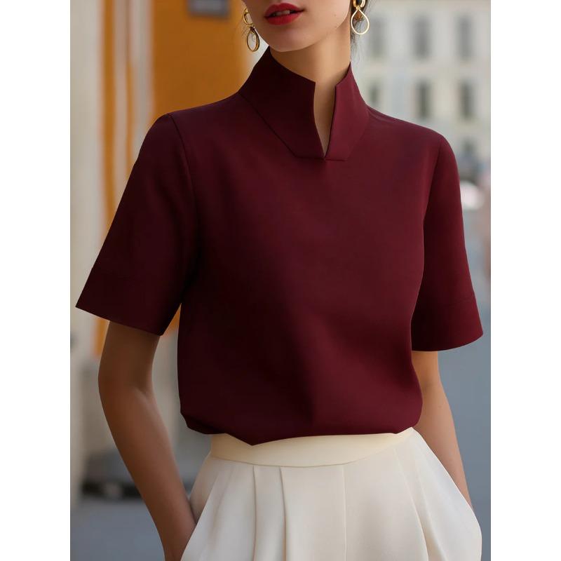 TIFICY Women's Fashion Casual Summer Spring Solid Color Print Short Sleeve High Neck Blouses & Shirts