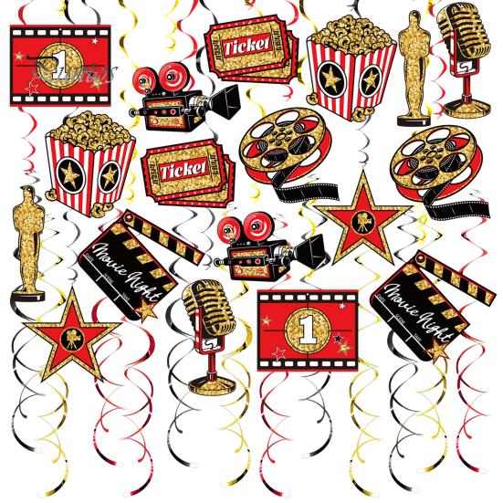 

48 шт. подвесных завитков для вечернего показа фильмов, украшения из фольги, потолочные подвесные завитки, пленочный фон для вечеринки в стиле кино 48pcs