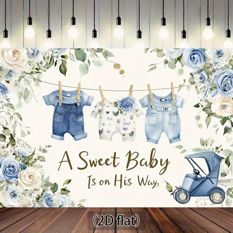 

2D Boy Baby Shower Backdrop, Denim Outfits & Blue Roses Background for Photoshoot 47.2x31.5inch/120*80cm