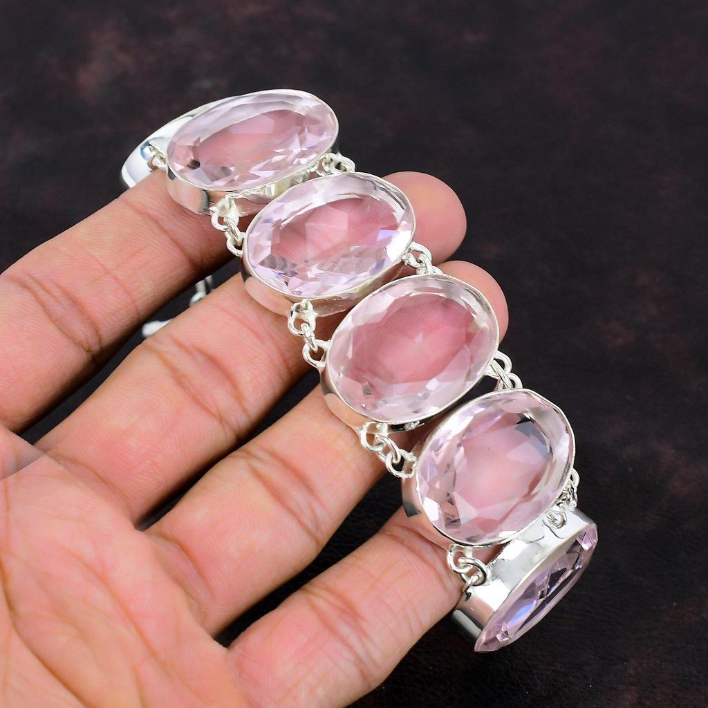 Facettiertes Rosa Kunzit Armband Handarbeit Schmuck 925 Sterling Silber Armband Natur Edelstein Armband Verstellbares Kettenarmband Hochzeitsgeschenk