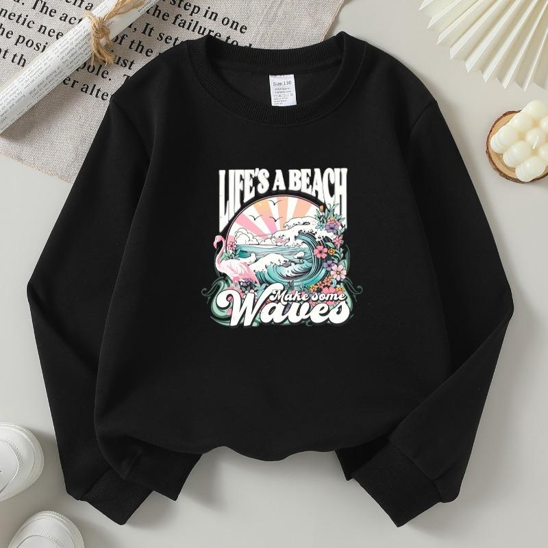 Kids Crewneck Long Sleeve Sweatshirt,Life A Beach Make Waves Floral Ocean Print