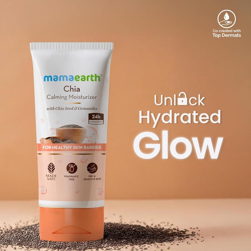 Mamaearth Chia Calming Moisturizer For Sensitive Dry Skin 80g | Hydrating Cream With Ceramides | Fragrance Free 24H Lightweight Nourishment