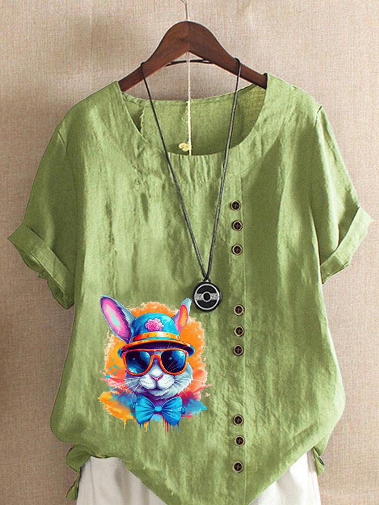 Women's Fashion Colorful Rabbit Print Shot Sleeve T-shirt Loose Cotton Shirt Casual Loose Summer Blouse Tops Plus Size
