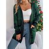Women Casual Color Block Plaid Pocket Long Sleeve Open Cardigan Sweater Coat