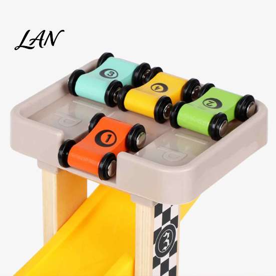 STEM Activity for Kids Wooden Ramp Racer Car Toy, 4 Numbered Mini Cars And Parking Lot Sturdy Design, Development Hand-eye Coordination Glider