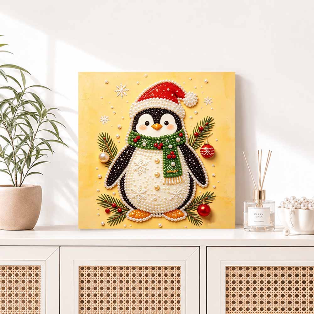 DIY Pearl Diamond Painting Art Kit with Frame Christmas Penguin Home Wall Decor Craft Kit. Wall Decoration Gift