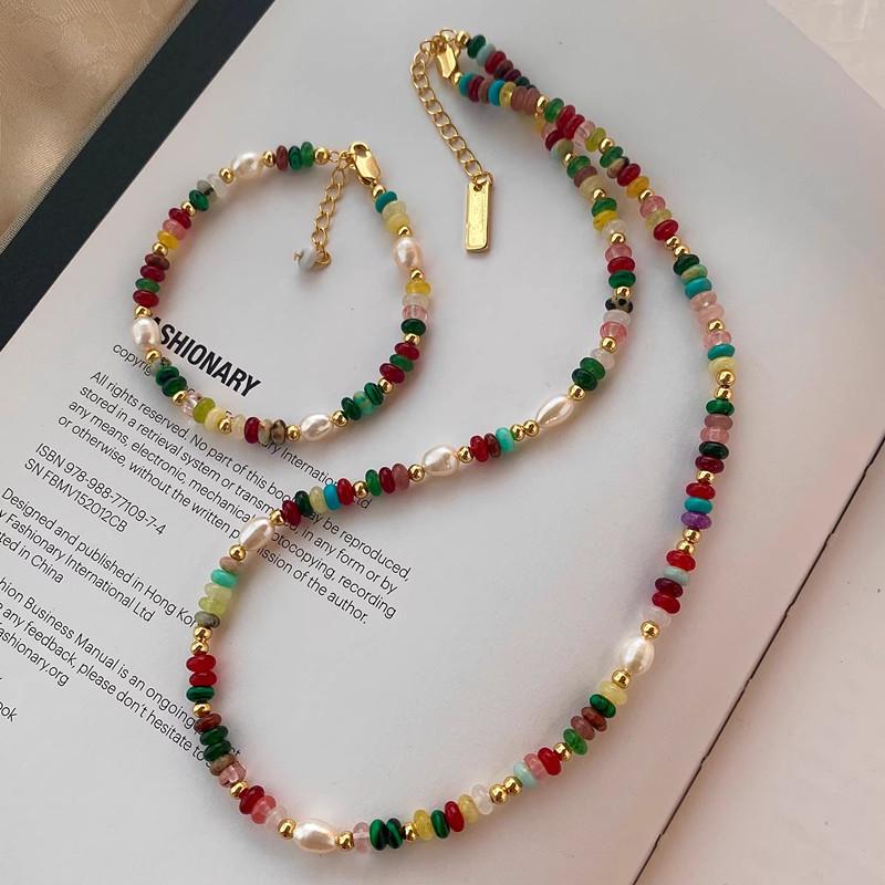 Vibrant Glazed Beaded Necklace: Mixed Color Stones, Rice Grain & Freshwater Pearls for Women