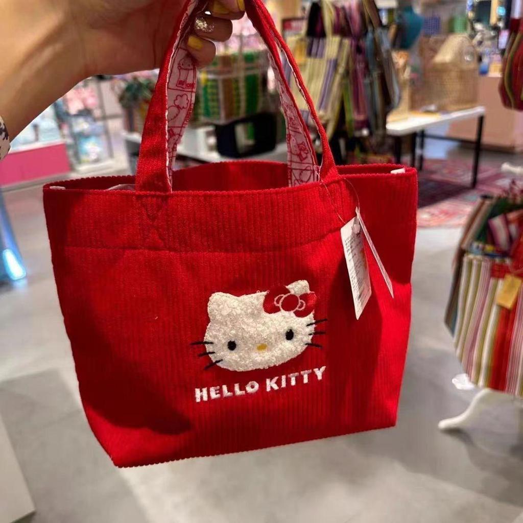 Cute Corduroy Kitty Handbag: Large Capacity, Girlish Heart Design, Portable Tote for Outings & Bento