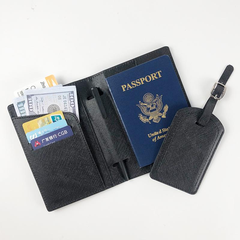 Multi-Function PU Leather Passport Cover & Luggage Tag Set with Pen Holder and Edge Stitching