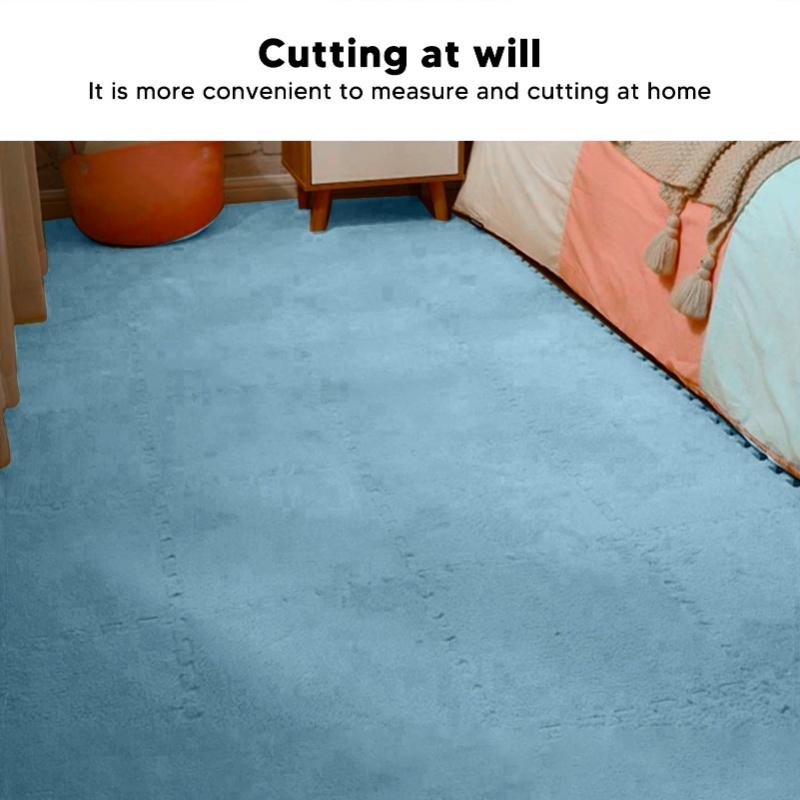 10pcs Plush Foam Floor Mat Prevent Slip Cuttable Thickened Interlocking Carpet Tiles For Bedroom Light Blue