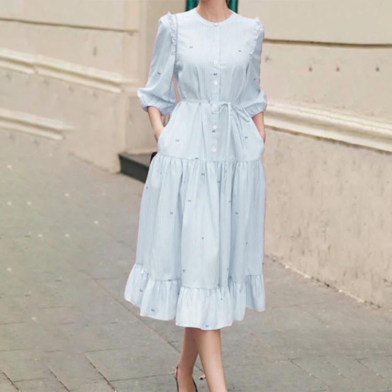 ZANZEA Damen Freizeit Rundhals 3/4 Ärmel Locker Gestreiftes Kleid