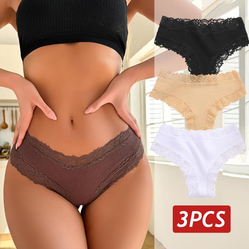 3PCS/Set Sexy Lace Panties for Women Cotton Brazilian Panties Female Low Rise Breathable Underwear Solid Colors Floral Lingerie
