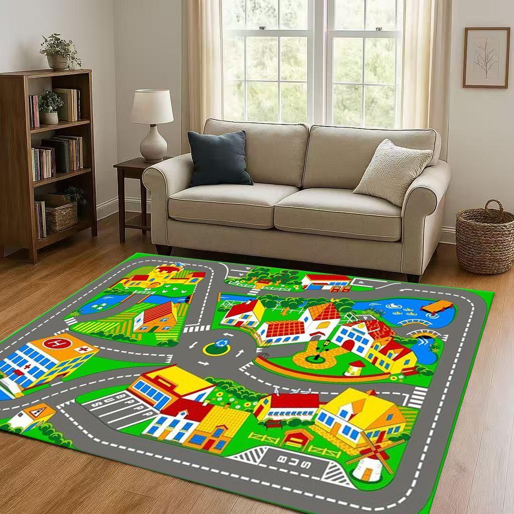 City Street Road Traffic Race Track Child Interaction Game Cartoon Living Room Kid Playroom Non-Slip Area Rug Carpet for Bedroom