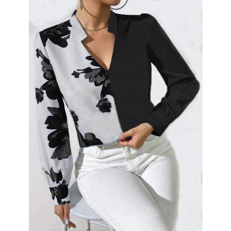 

YYFS женские модные повседневные весенне-осенние блузки и рубашки с v-образным вырезом и длинными рукавами с цветочным принтом L чёрный