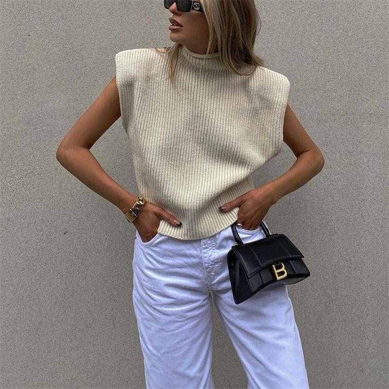 Pevný stojatý golier Pletená vesta s krátkym rukávom Office Lady All Match Fashion Vesta Košeľa Voľné Elegantné rovné topy
