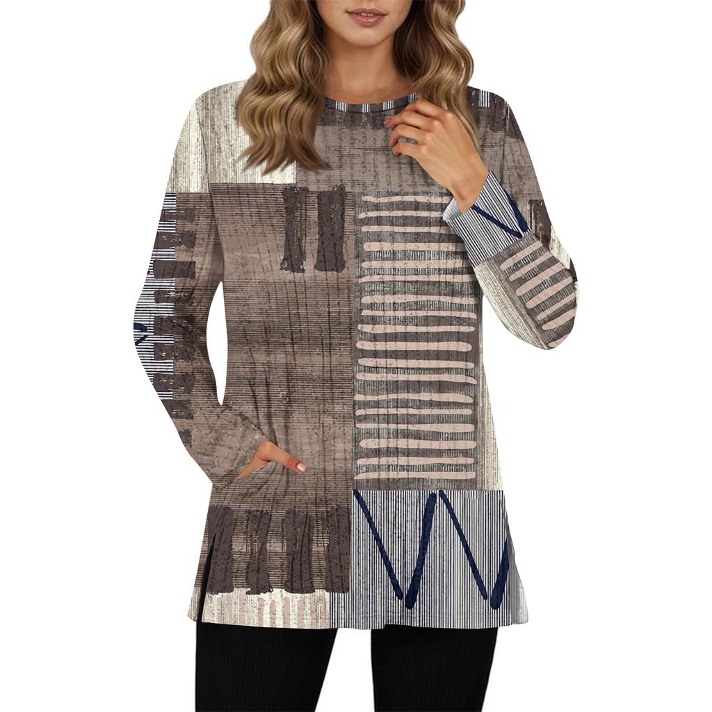 Womens Sweaters Crewneck Long Sleeve Shirts With Pockets Fall Outfits Fashion Winter Clothing Side Slit