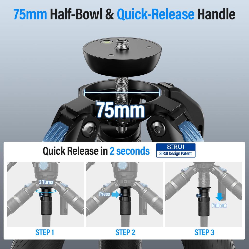 SIRUI SVS75 Professional Video Carbon Fiber Height Up To Lbs Professional Tripod for Video Cameras Tripod, 61" Tripod, One-Step Adjustment, Mid-Level