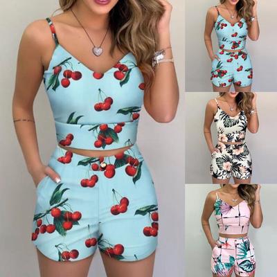 Modisches Damen-Set, bedruckt, ärmellos, Camis, V-Ausschnitt, Bluse + Shorts, Hotpants