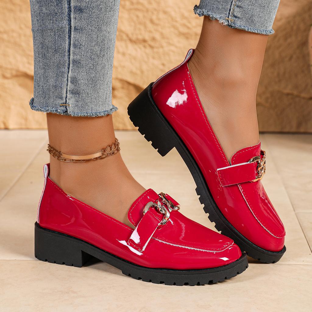 Fashion Spring Round Toe Loafers Women's British Style High Heels Shoes 2025 Slip On Chunky Heels Woman Fashion Metal Decor Shoes Women