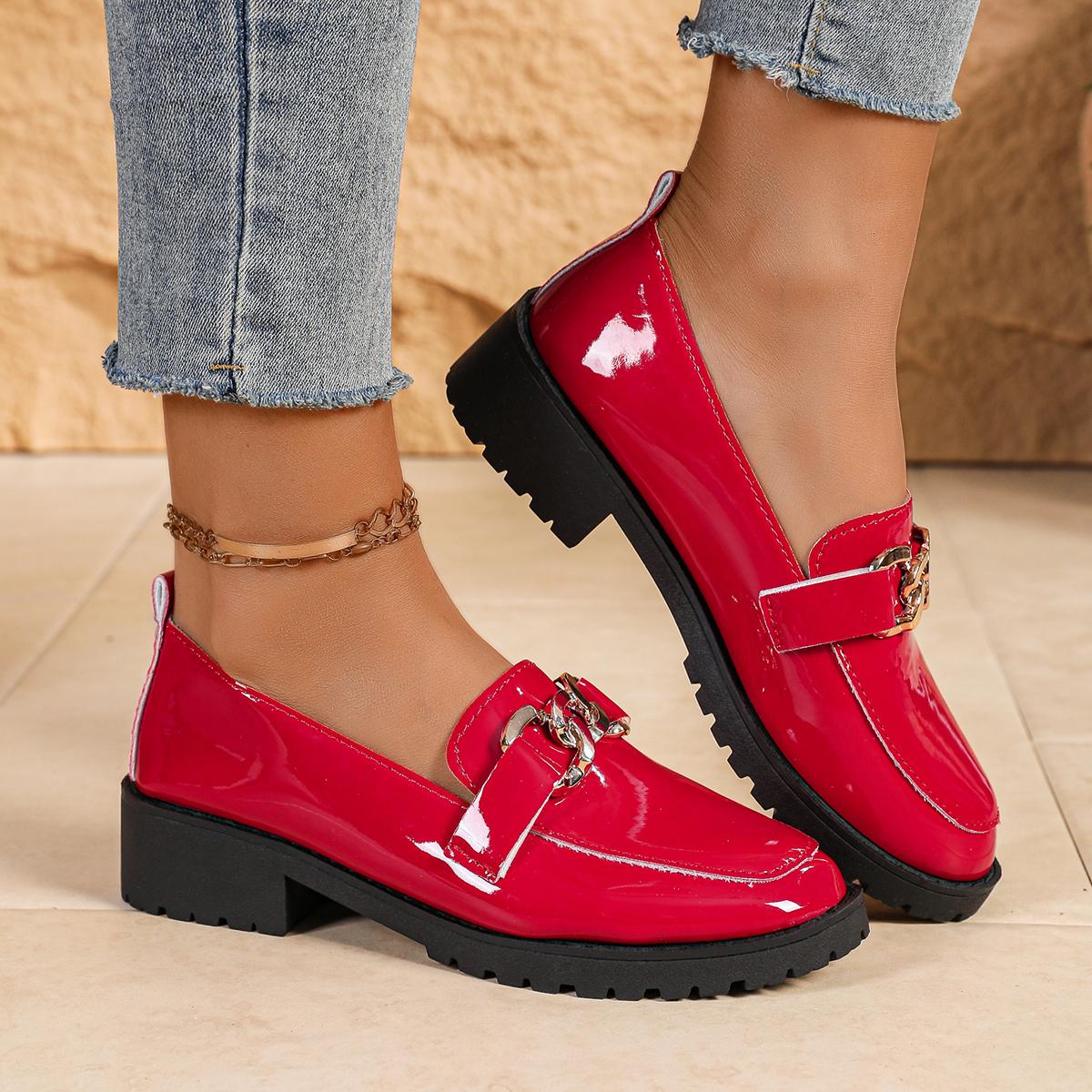

Модные весенние лоферы с круглым носком, женская обувь на высоком каблуке в британском стиле 2025, слипоны на массивном каблуке, женская модная обувь с металлическим декором 38 красный