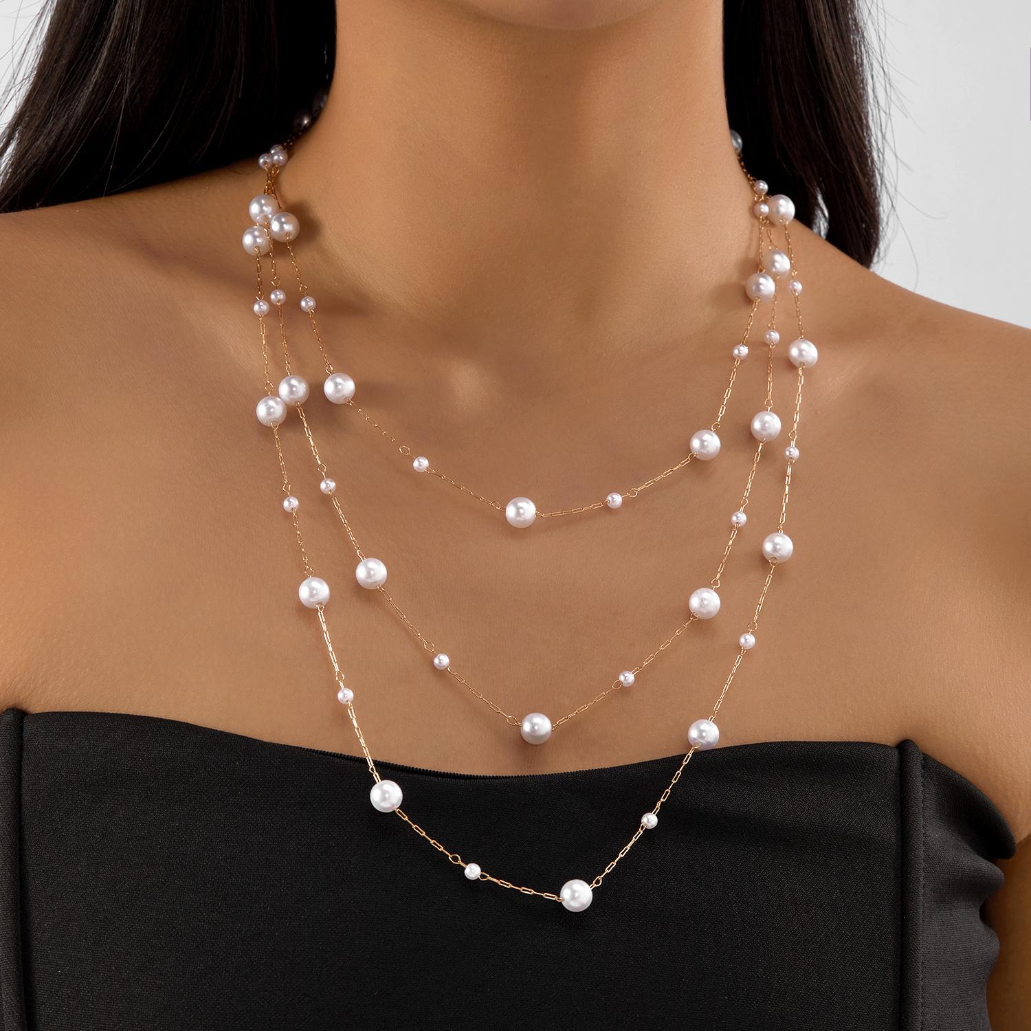 

Trendy Multilayer Imitation Pearl Choker Necklace for Women Vintage Gold Color Tassel Link Clavicle Chain Party Wedding Jewelry