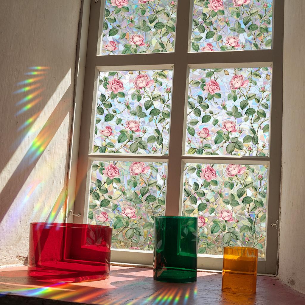 Sunshine Glass Sticker Colorful Rose Flower Vine Electrostatic Sticker Double-sided Printing Visual Window Sticker No Glue