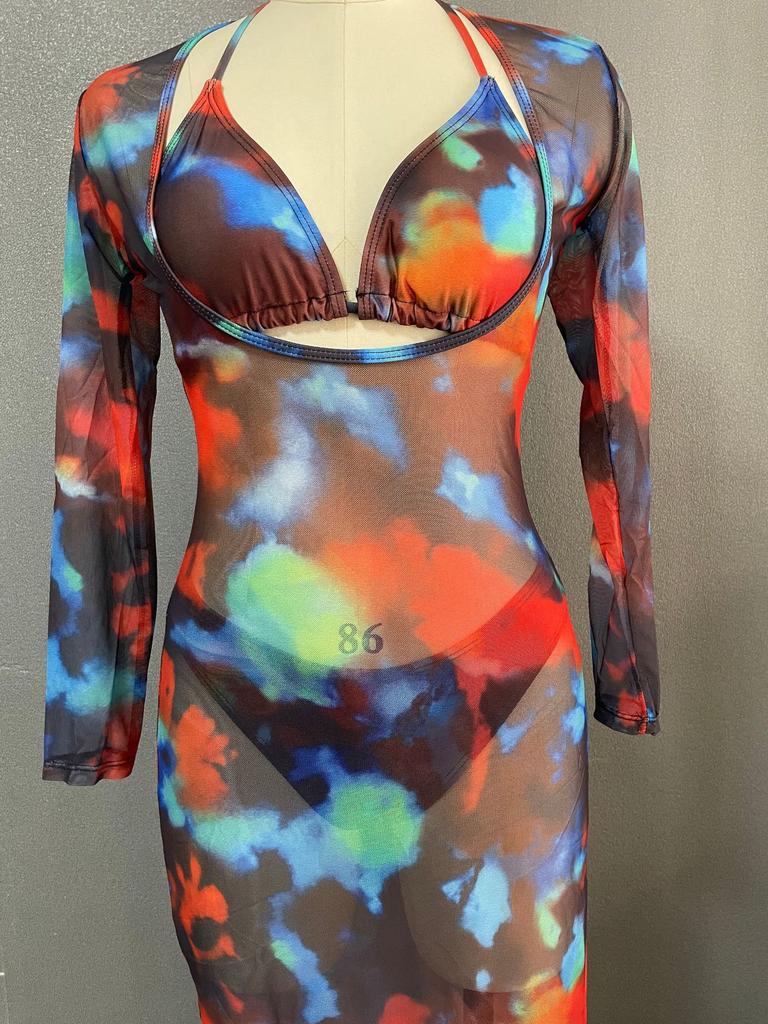 Women's Swimsuit Long Sleeve Tie Dye Three Piece Sexy Halter Neck Bikini Split Suit Beach Wear