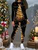Women's Christmas Print 2-Piece Outfit: Long Sleeve Crew Neck Top & Pants, Holiday Limited Casual Party Gift Suit