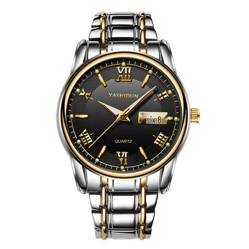 YASHIDUN Men s Waterproof Business Steel Band Watch with Double Calendar and Roman Numerals.